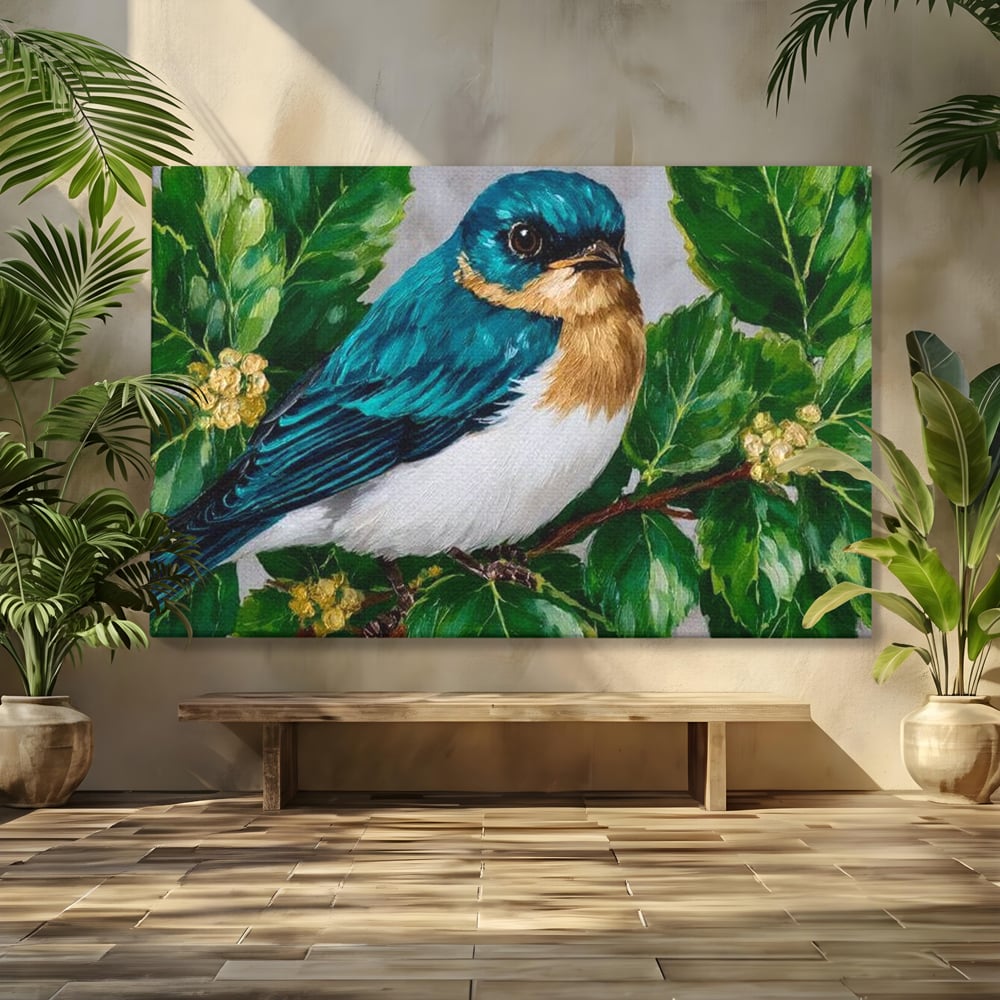 Tablou canvas cu tablou canvas cu pasare albastra printre frunze, fara rama, pe sasiu de lemn